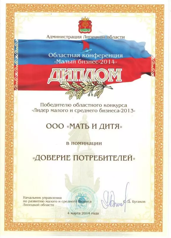 Диплом победителю областного конкурса Лидер малого и среднего бизнеса-2013