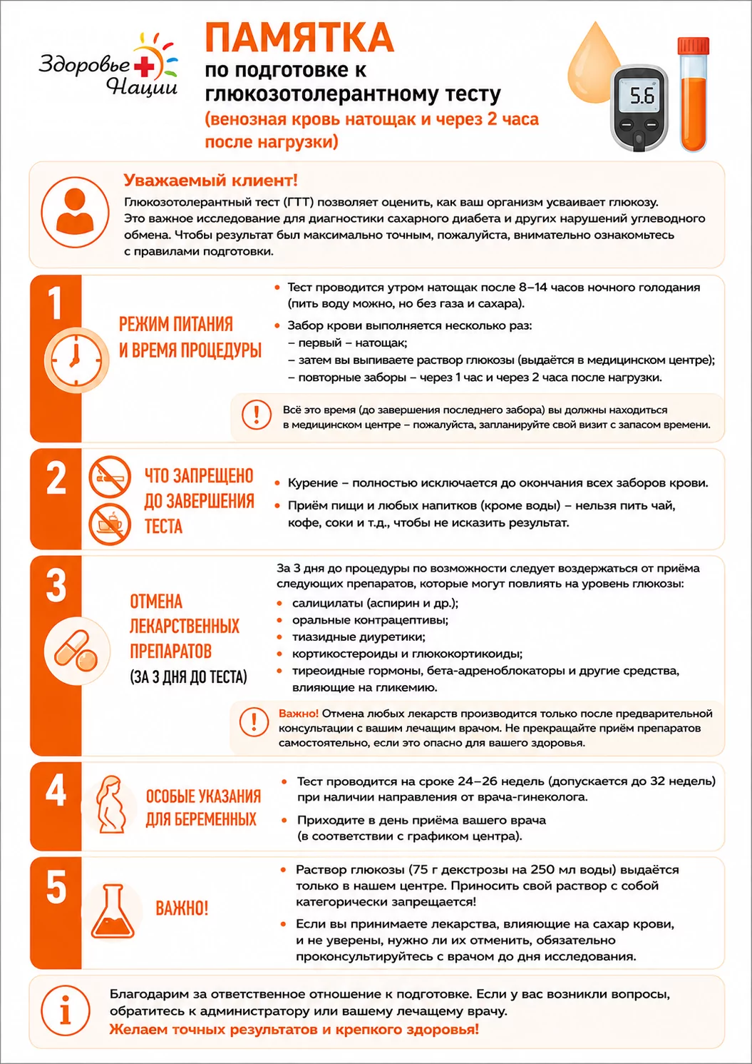 ПАМЯТКА по подготовке к глюкозотолерантному тесту (венозная кровь натощак и через 2 часа после нагрузки)